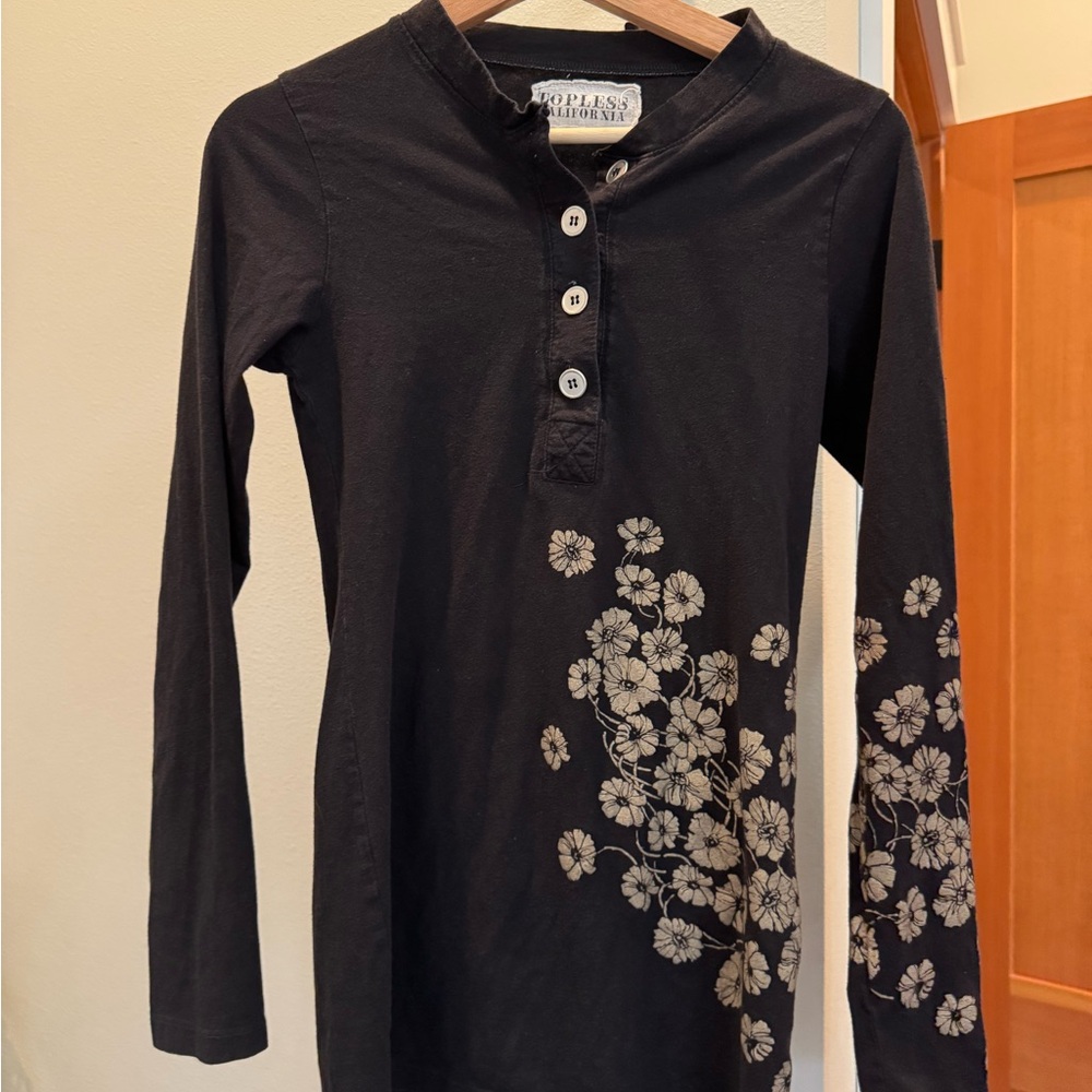 Poppies Black Long-Sleeve Henley Top with Cream Floral Print